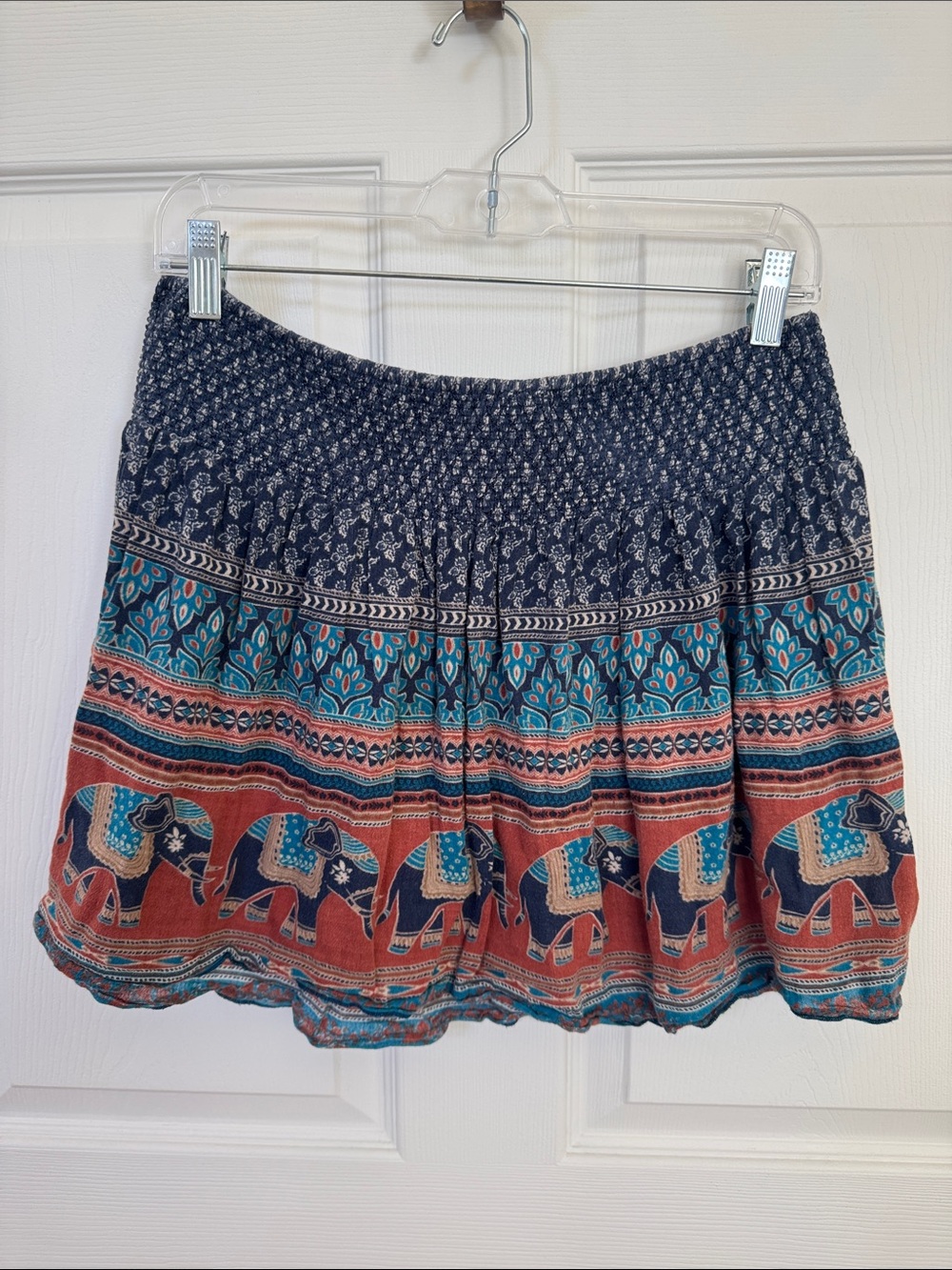hinge Tiered Elephant Print Mini Skirt - Navy & Rust & Teal